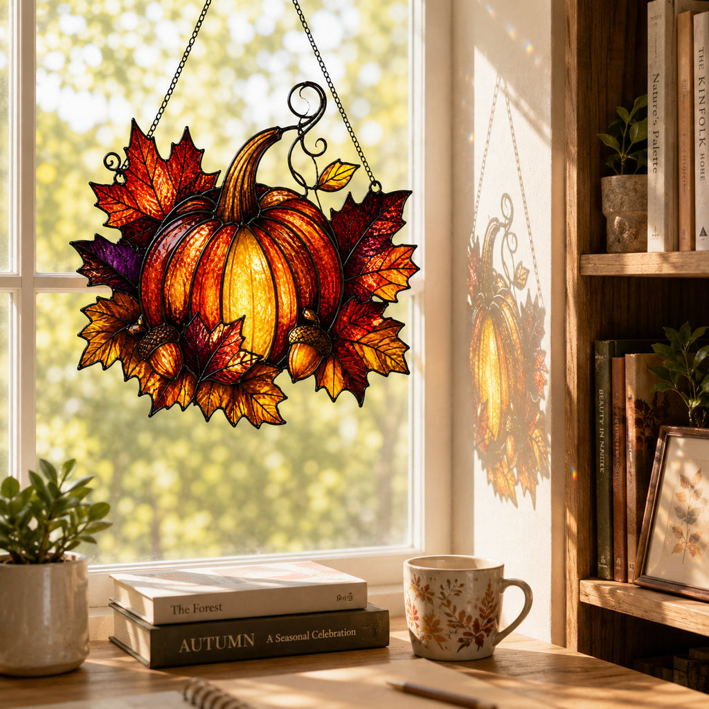 Harvest Pumpkin & Maple Leaves Holographic Acrylic Suncatcher
