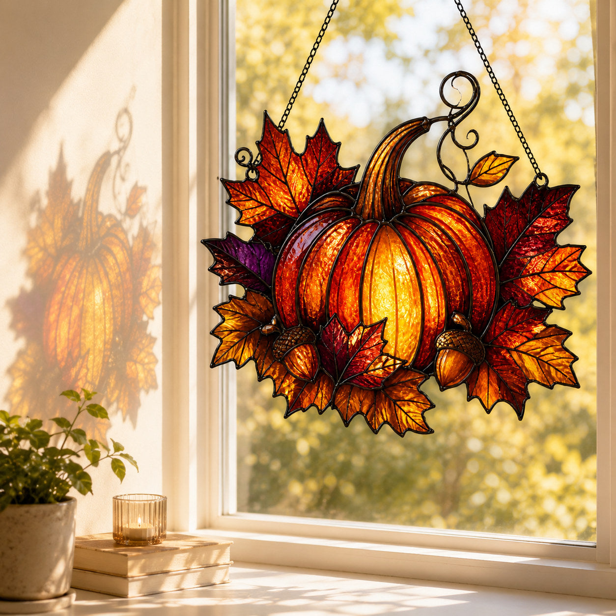Harvest Pumpkin & Maple Leaves Holographic Acrylic Suncatcher