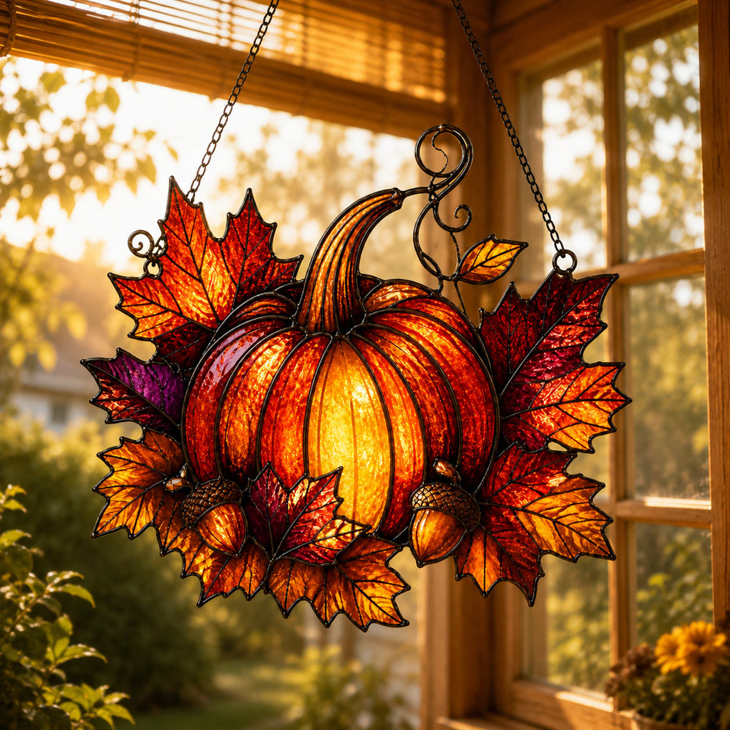 Harvest Pumpkin & Maple Leaves Holographic Acrylic Suncatcher