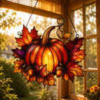 Harvest Pumpkin & Maple Leaves Holographic Acrylic Suncatcher