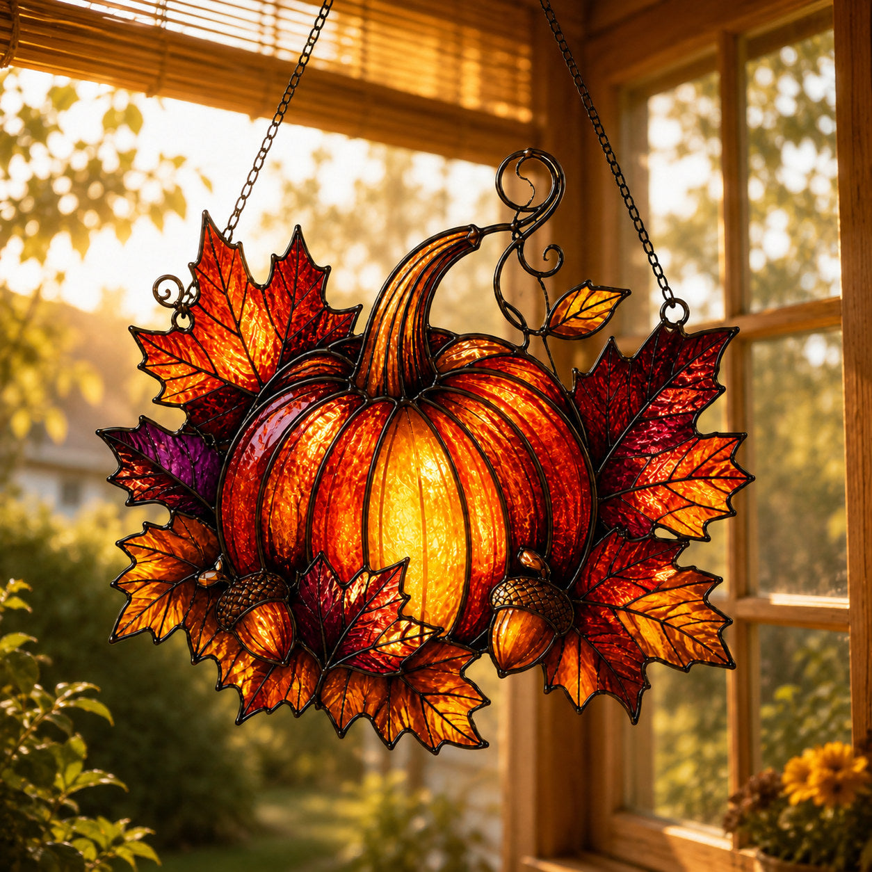 Harvest Pumpkin & Maple Leaves Holographic Acrylic Suncatcher