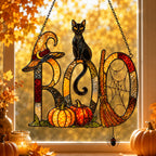 BOO Black Cat & Broomstick Sign Holographic Acrylic Suncatcher