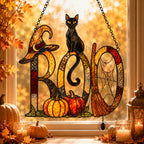 BOO Black Cat & Broomstick Sign Holographic Acrylic Suncatcher