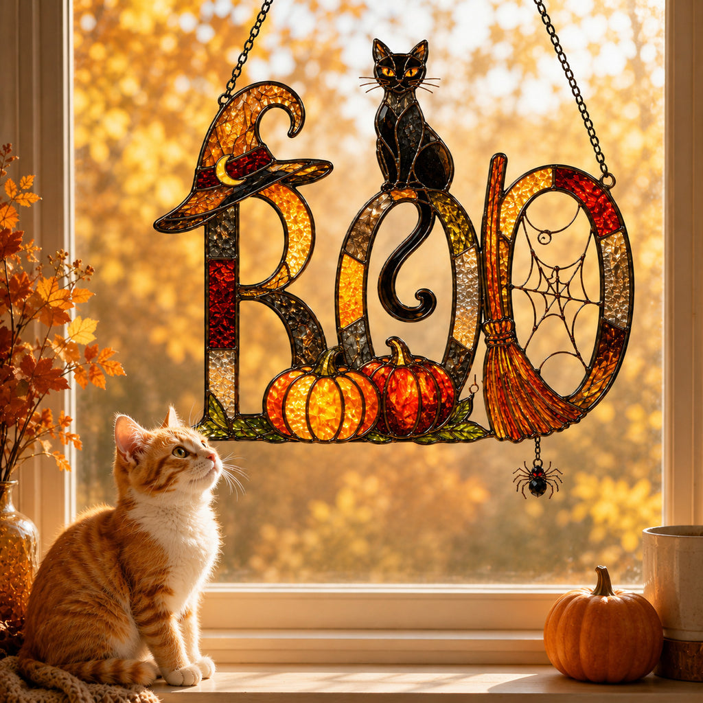 BOO Black Cat & Broomstick Sign Holographic Acrylic Suncatcher
