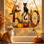 BOO Black Cat & Broomstick Sign Holographic Acrylic Suncatcher