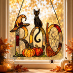 BOO Black Cat & Broomstick Sign Holographic Acrylic Suncatcher