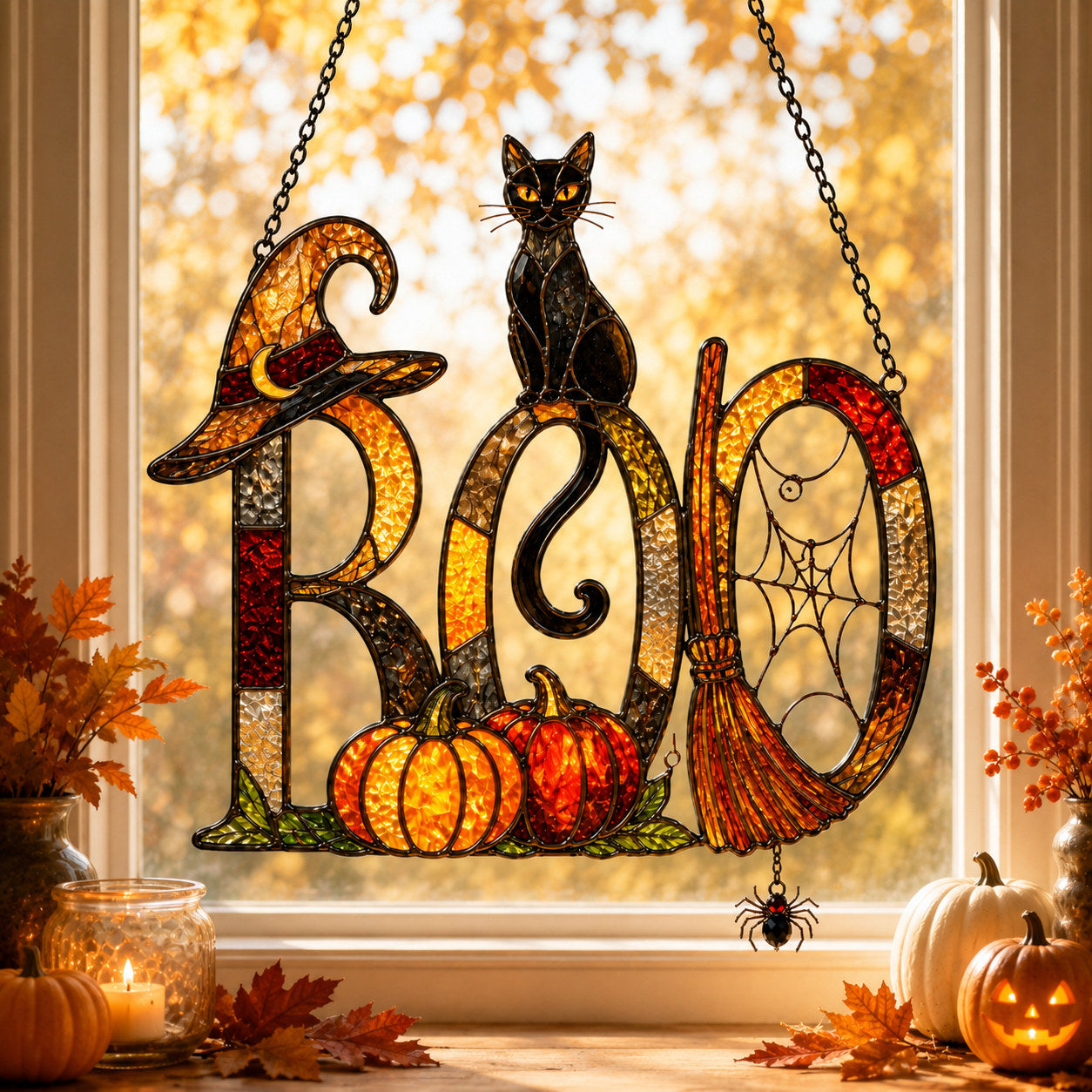 BOO Black Cat & Broomstick Sign Holographic Acrylic Suncatcher