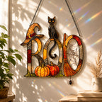 BOO Black Cat & Broomstick Sign Holographic Acrylic Suncatcher