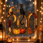 BOO Black Cat & Broomstick Sign Holographic Acrylic Suncatcher