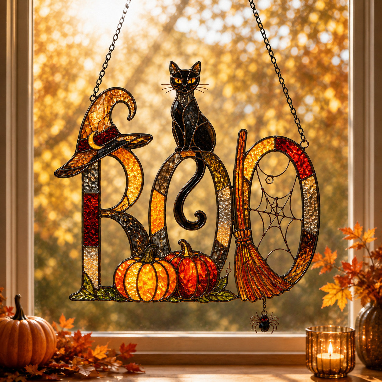 BOO Black Cat & Broomstick Sign Holographic Acrylic Suncatcher