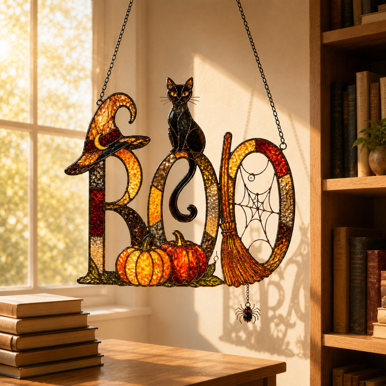 BOO Black Cat & Broomstick Sign Holographic Acrylic Suncatcher
