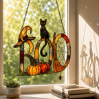 BOO Black Cat & Broomstick Sign Holographic Acrylic Suncatcher