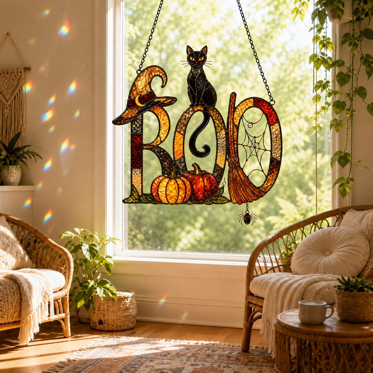 BOO Black Cat & Broomstick Sign Holographic Acrylic Suncatcher