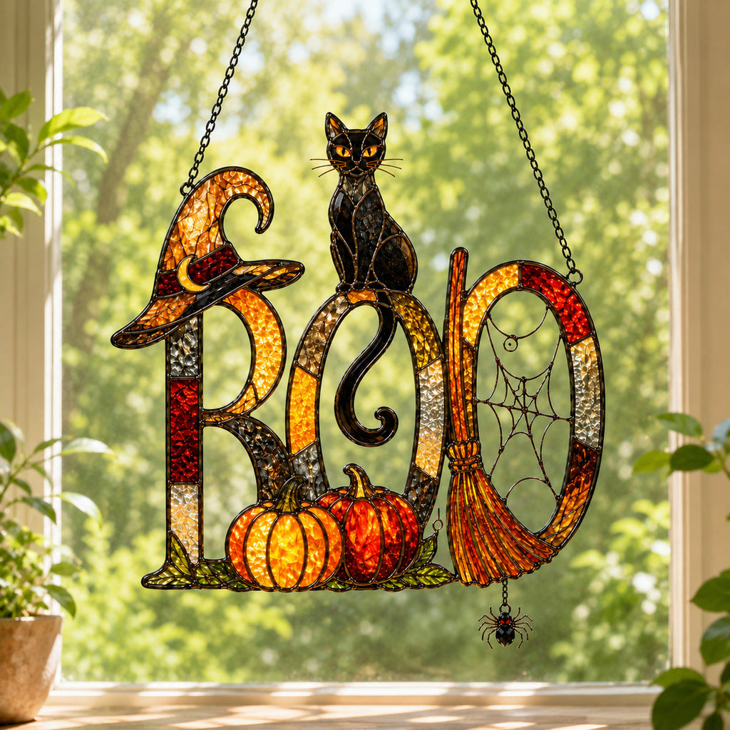 BOO Black Cat & Broomstick Sign Holographic Acrylic Suncatcher