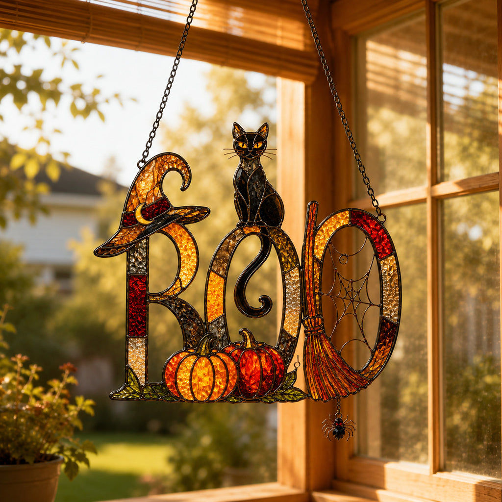 BOO Black Cat & Broomstick Sign Holographic Acrylic Suncatcher