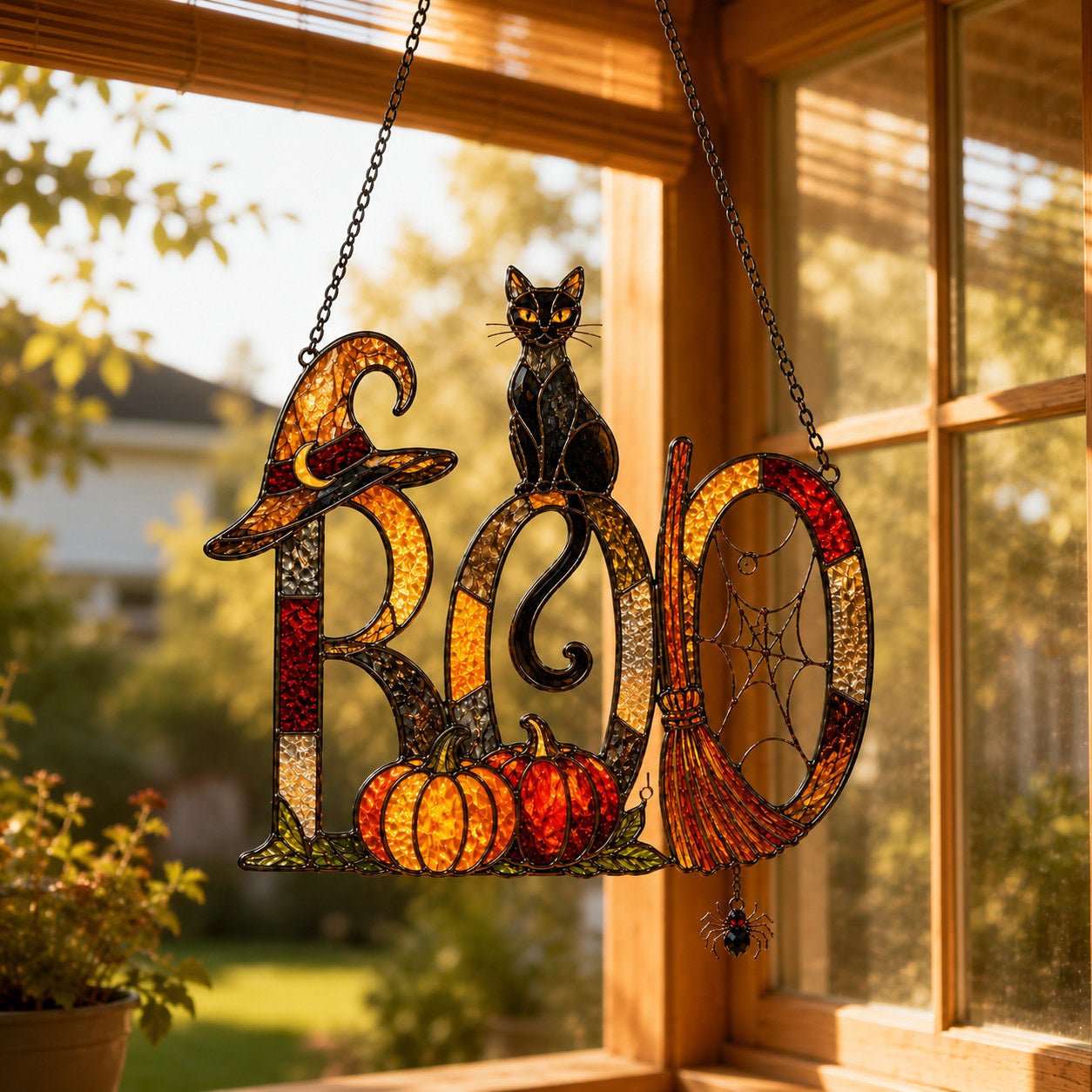 BOO Black Cat & Broomstick Sign Holographic Acrylic Suncatcher