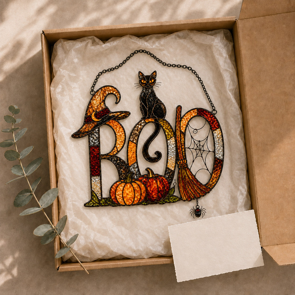 BOO Black Cat & Broomstick Sign Holographic Acrylic Suncatcher