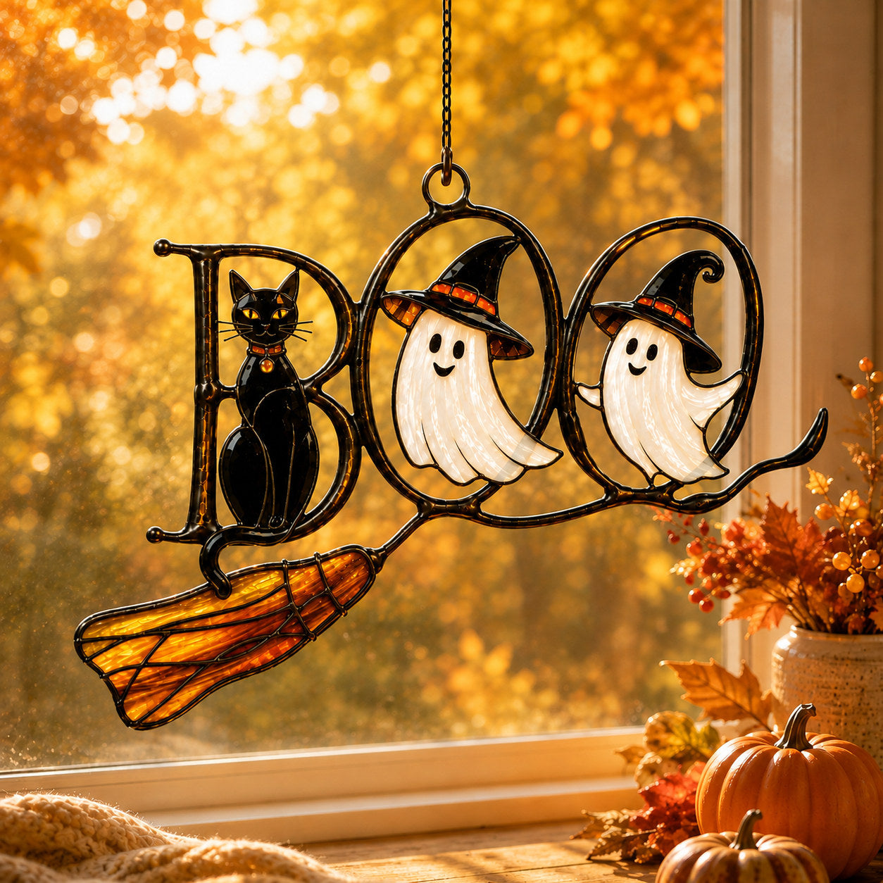 BOO Ghosts on Broomstick Holographic Acrylic Suncatcher