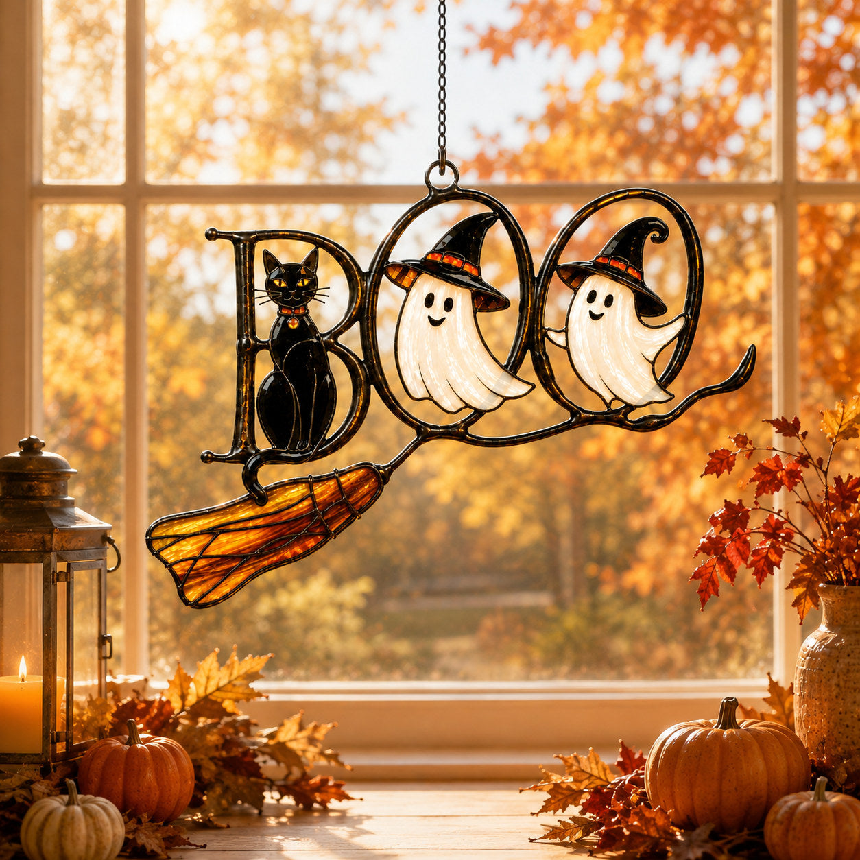 BOO Ghosts on Broomstick Holographic Acrylic Suncatcher