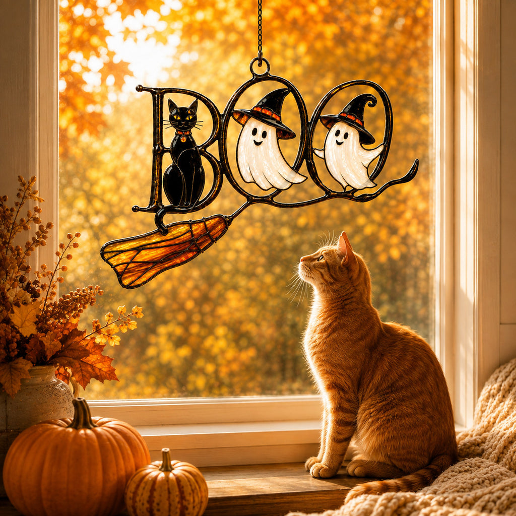 BOO Ghosts on Broomstick Holographic Acrylic Suncatcher