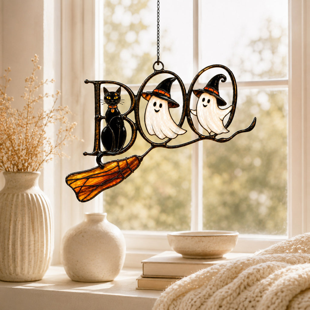 BOO Ghosts on Broomstick Holographic Acrylic Suncatcher