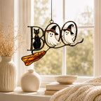 BOO Ghosts on Broomstick Holographic Acrylic Suncatcher