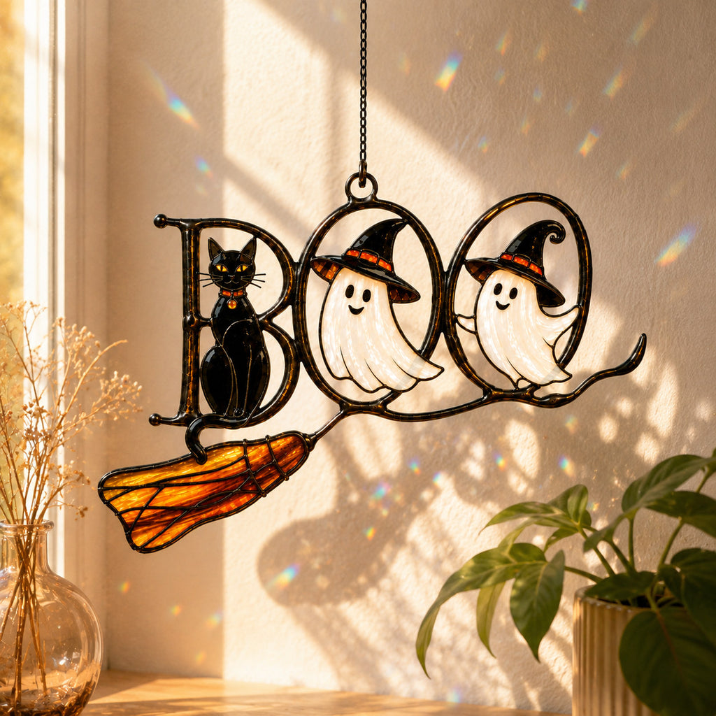 BOO Ghosts on Broomstick Holographic Acrylic Suncatcher