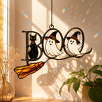 BOO Ghosts on Broomstick Holographic Acrylic Suncatcher