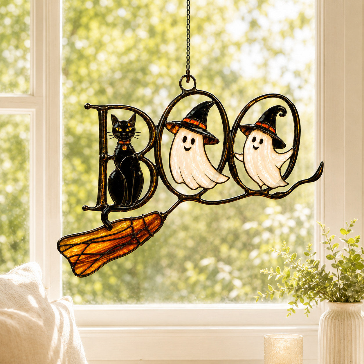 BOO Ghosts on Broomstick Holographic Acrylic Suncatcher