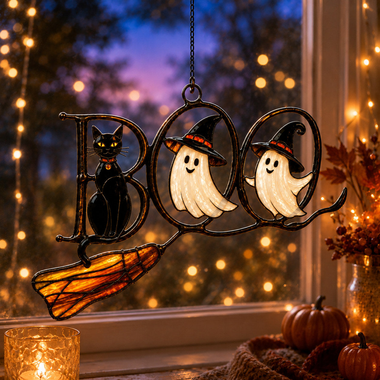 BOO Ghosts on Broomstick Holographic Acrylic Suncatcher