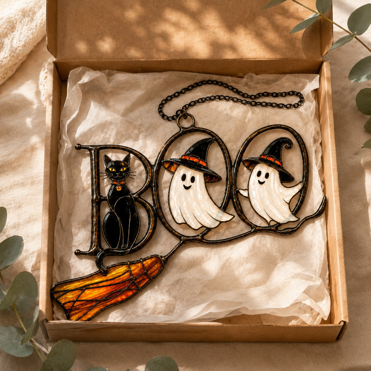 BOO Ghosts on Broomstick Holographic Acrylic Suncatcher