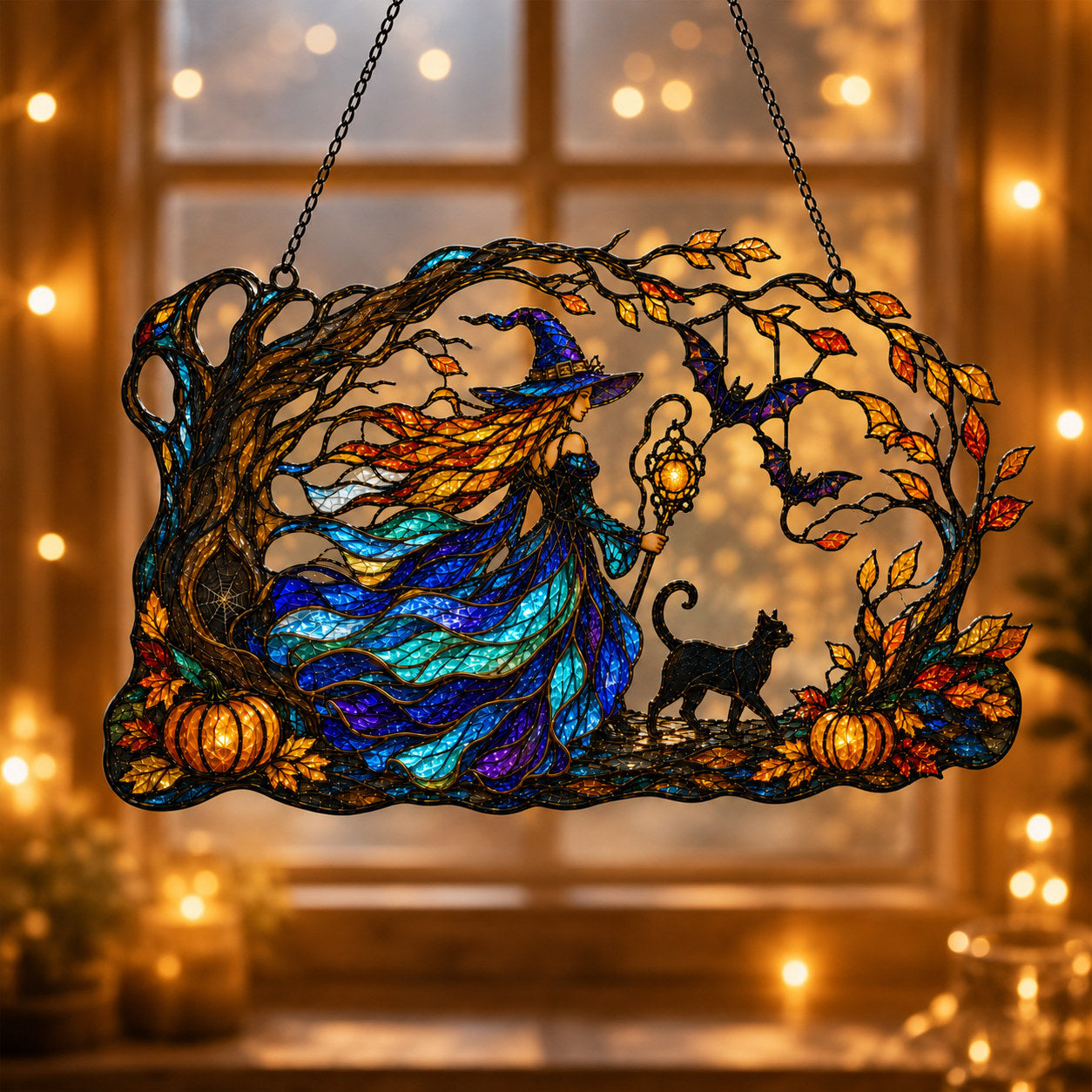 Autumn Woods Witch & Black Cat Holographic Acrylic Suncatcher