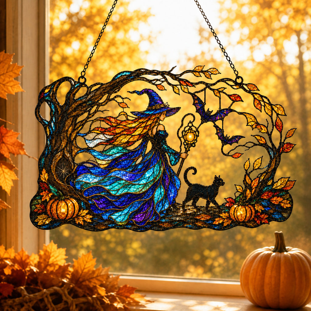 Autumn Woods Witch & Black Cat Holographic Acrylic Suncatcher