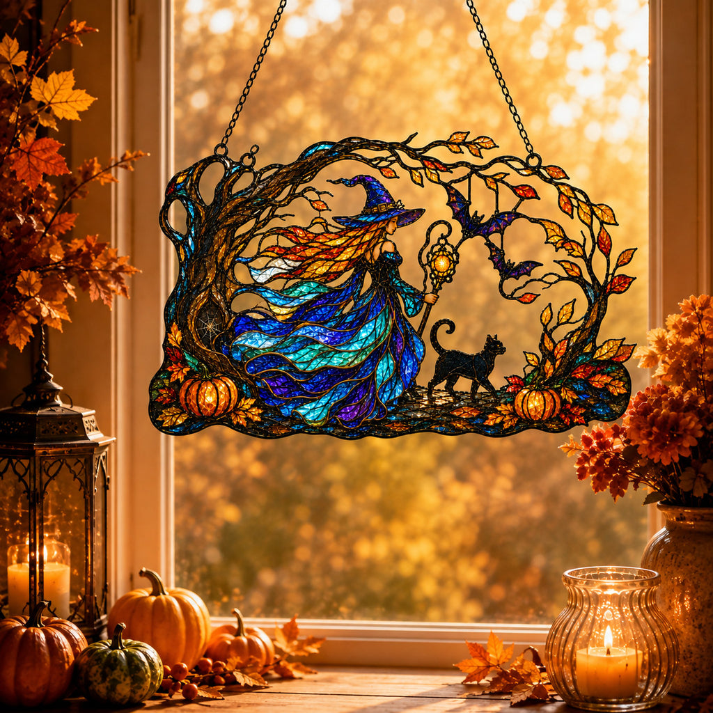 Autumn Woods Witch & Black Cat Holographic Acrylic Suncatcher