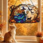 Autumn Woods Witch & Black Cat Holographic Acrylic Suncatcher