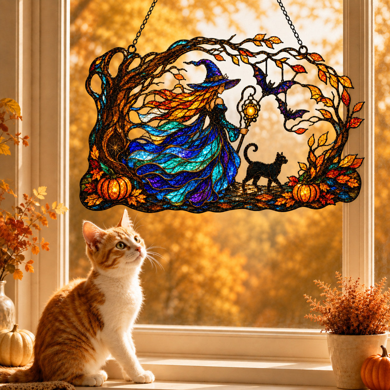 Autumn Woods Witch & Black Cat Holographic Acrylic Suncatcher