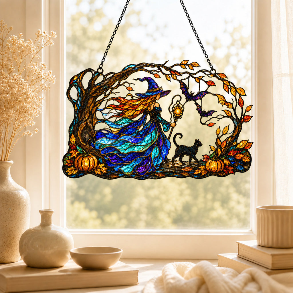Autumn Woods Witch & Black Cat Holographic Acrylic Suncatcher