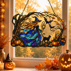 Autumn Woods Witch & Black Cat Holographic Acrylic Suncatcher