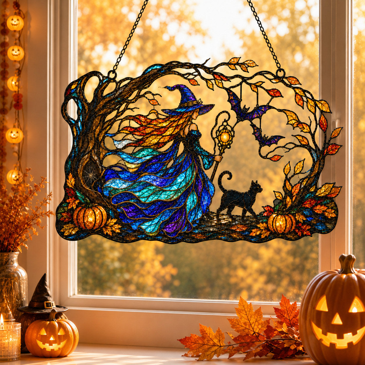 Autumn Woods Witch & Black Cat Holographic Acrylic Suncatcher