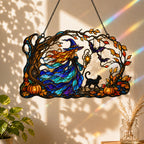 Autumn Woods Witch & Black Cat Holographic Acrylic Suncatcher