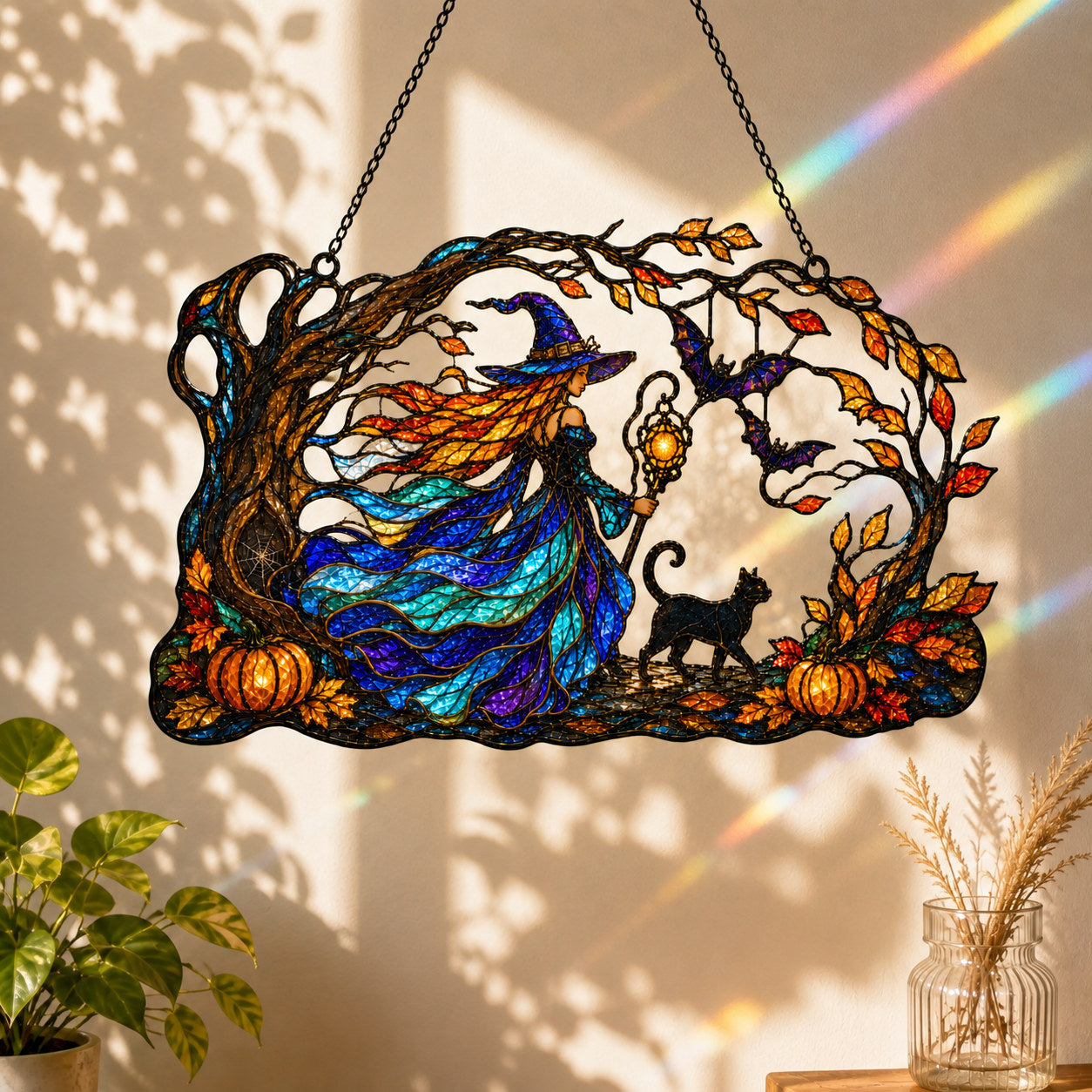 Autumn Woods Witch & Black Cat Holographic Acrylic Suncatcher