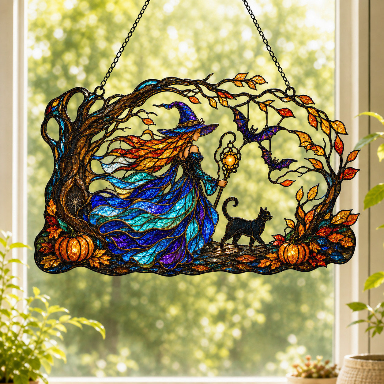 Autumn Woods Witch & Black Cat Holographic Acrylic Suncatcher