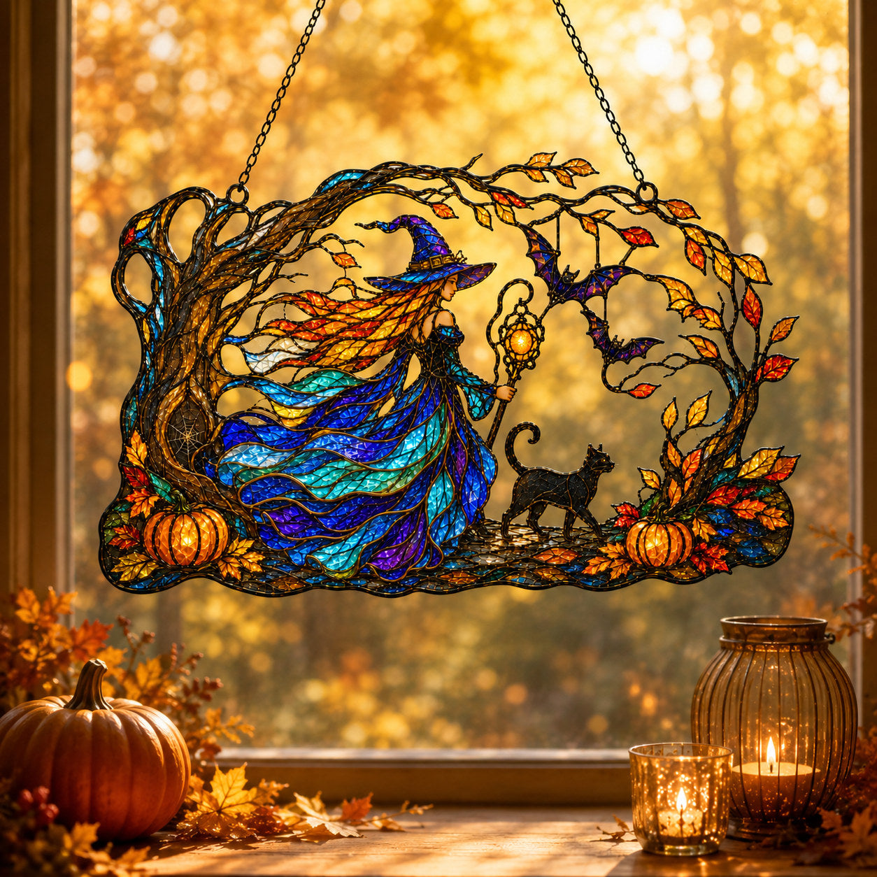 Autumn Woods Witch & Black Cat Holographic Acrylic Suncatcher
