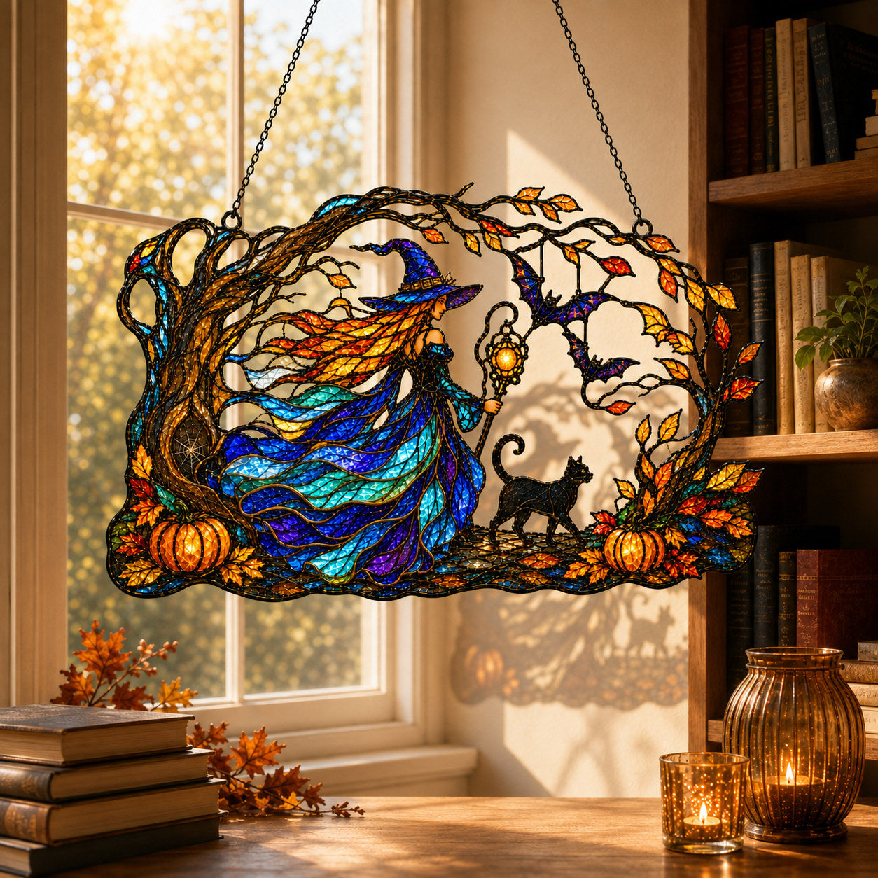 Autumn Woods Witch & Black Cat Holographic Acrylic Suncatcher