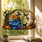 Autumn Woods Witch & Black Cat Holographic Acrylic Suncatcher