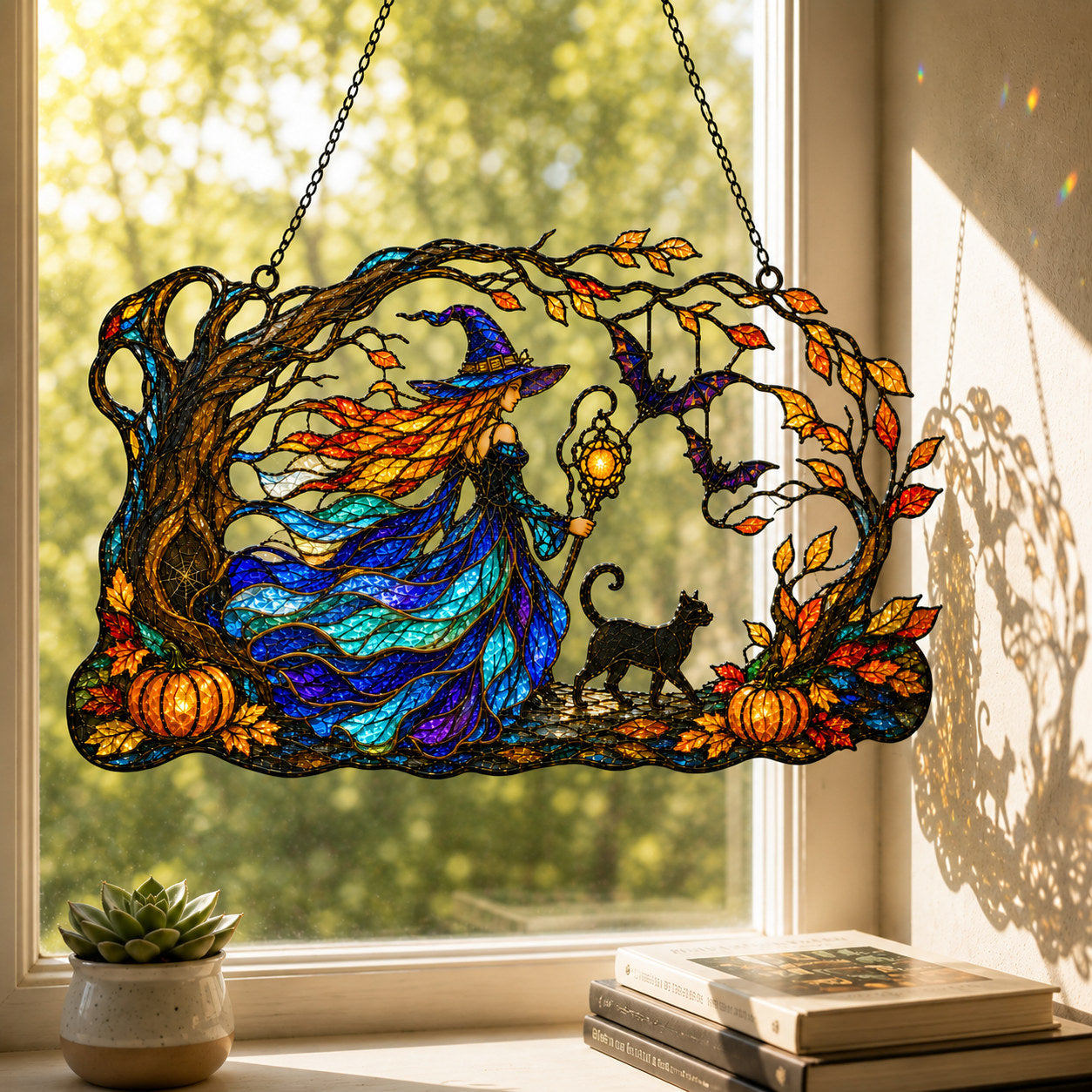 Autumn Woods Witch & Black Cat Holographic Acrylic Suncatcher