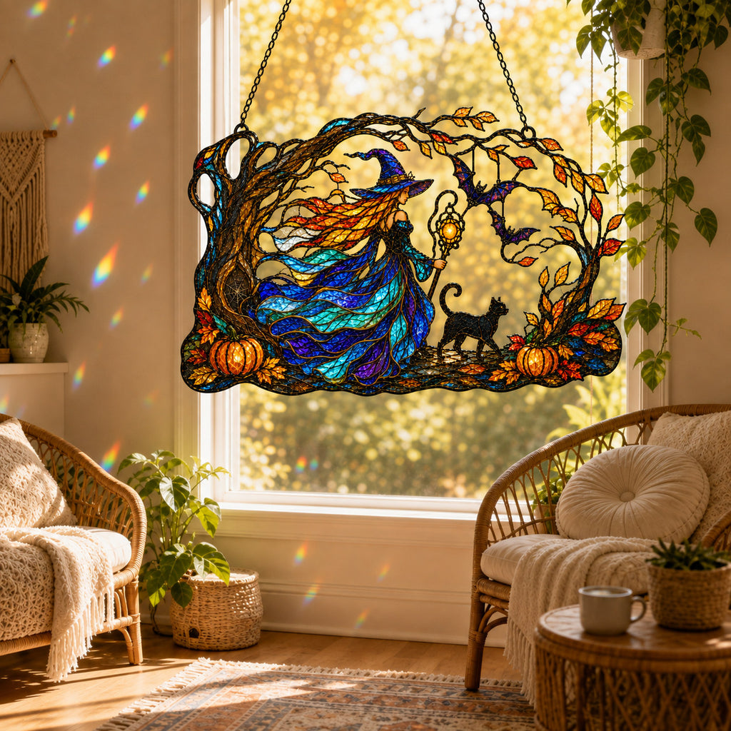 Autumn Woods Witch & Black Cat Holographic Acrylic Suncatcher