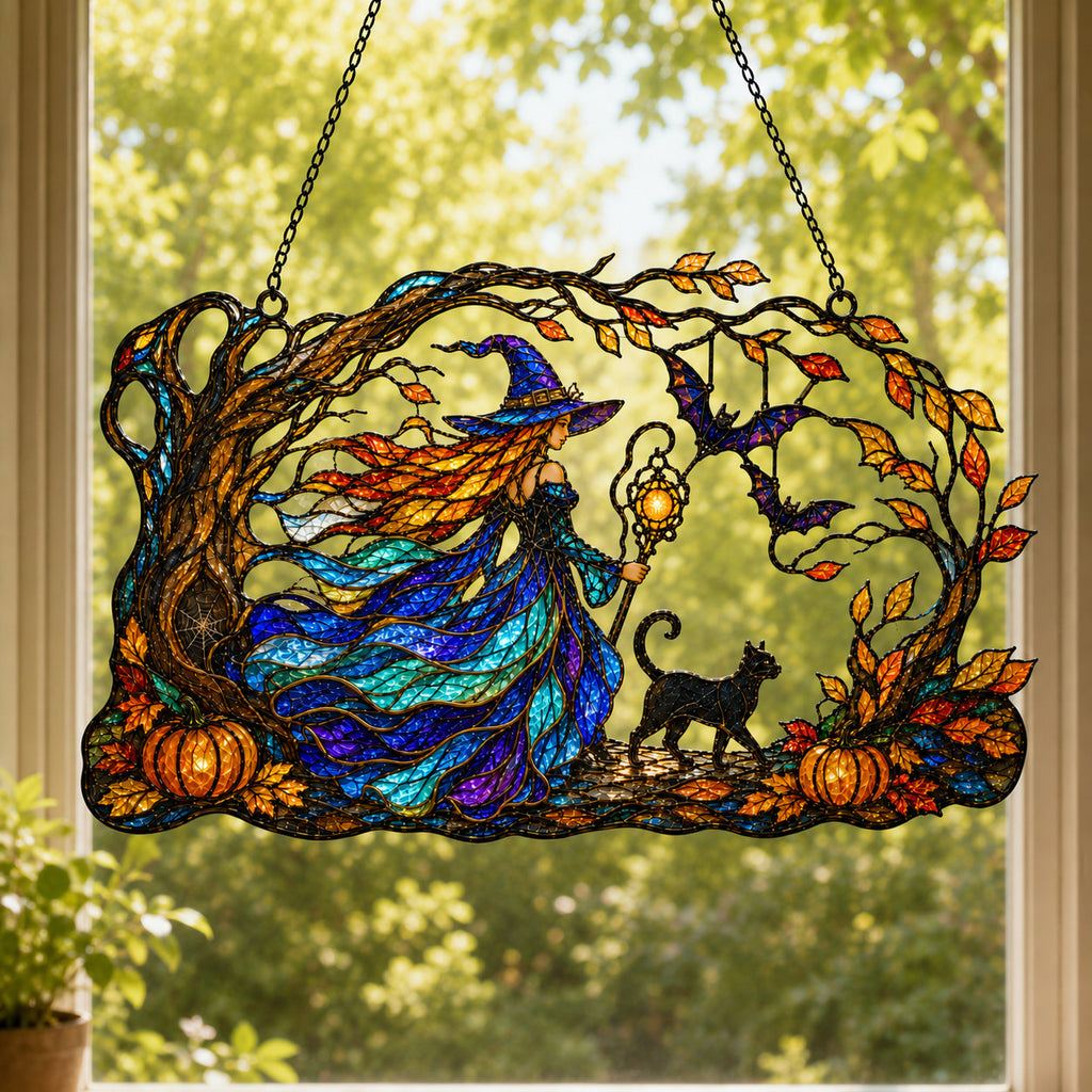 Autumn Woods Witch & Black Cat Holographic Acrylic Suncatcher