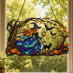 Autumn Woods Witch & Black Cat Holographic Acrylic Suncatcher