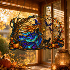 Autumn Woods Witch & Black Cat Holographic Acrylic Suncatcher